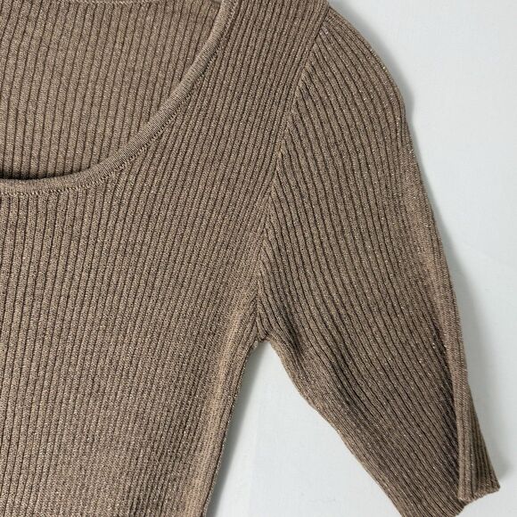 Women’s Ribbed Knit Top Shiny Metallic Stretch Scoop Neck Half Sleeve BM M - Picture 7 of 12
